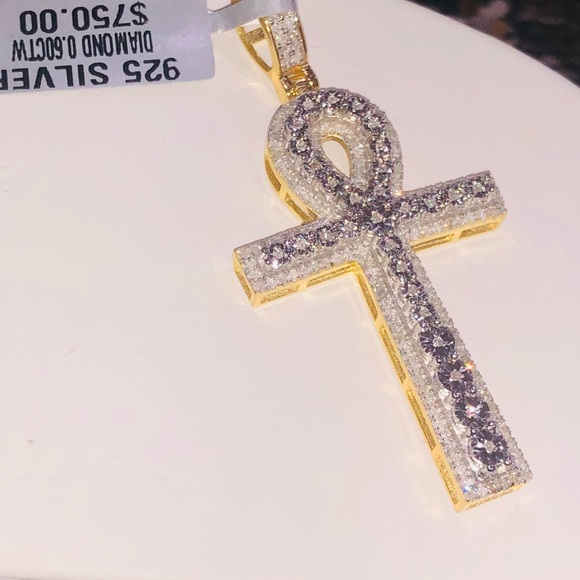 Real Diamond Egyptian Ankh Cross Charm Pendant • 10K Gold Vermeil • Men Gift - Picture 4 of 6